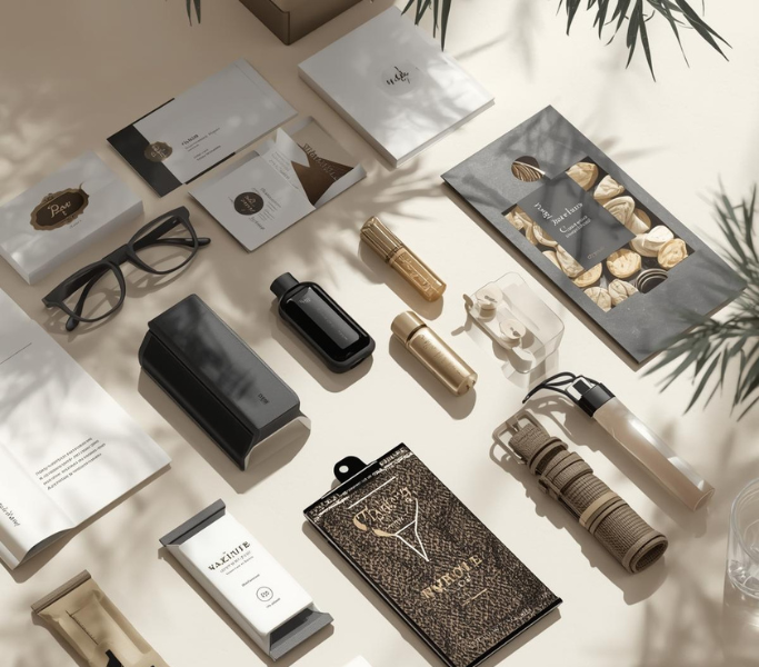 Elegant corporate gift sets and branded luxury items presented with sophisticated packaging.