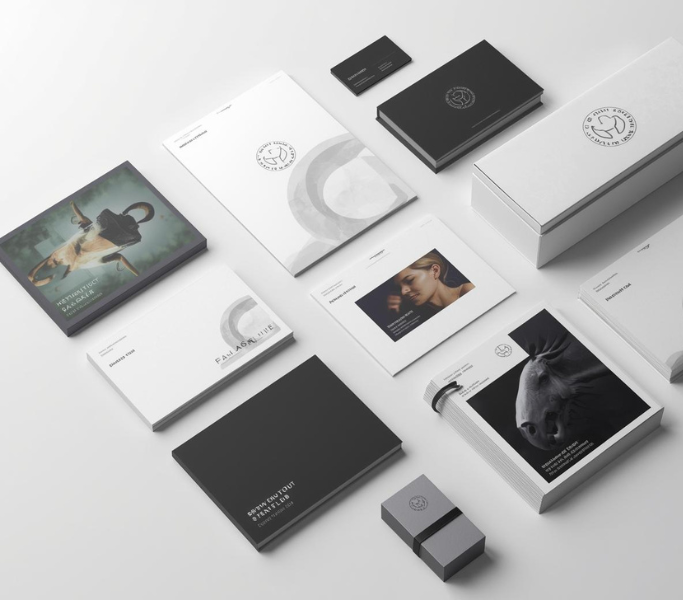 Premium custom-branded stationery and corporate print materials arranged artistically.