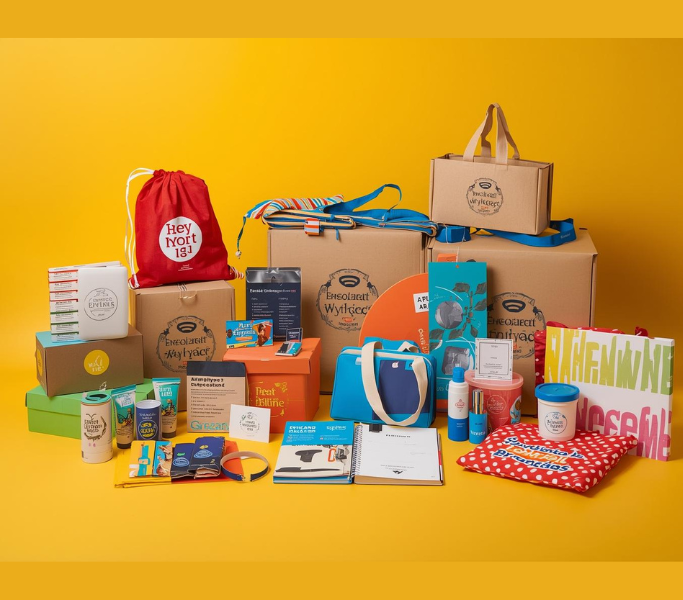 Assorted employee welcome kits and branded promotional products arranged against a yellow background.