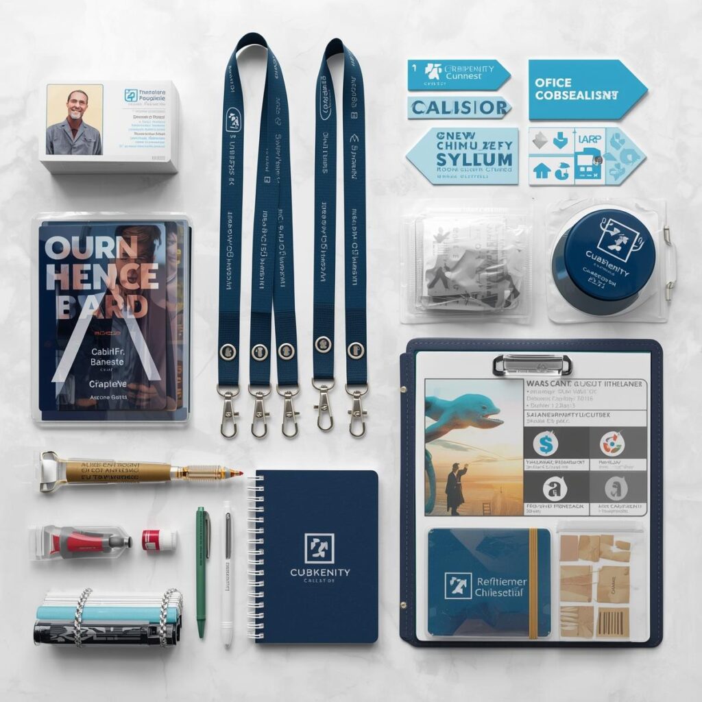 Office Essentials_ ID cards, lanyards, signage, packaging, and branded merchandise to support daily operations.