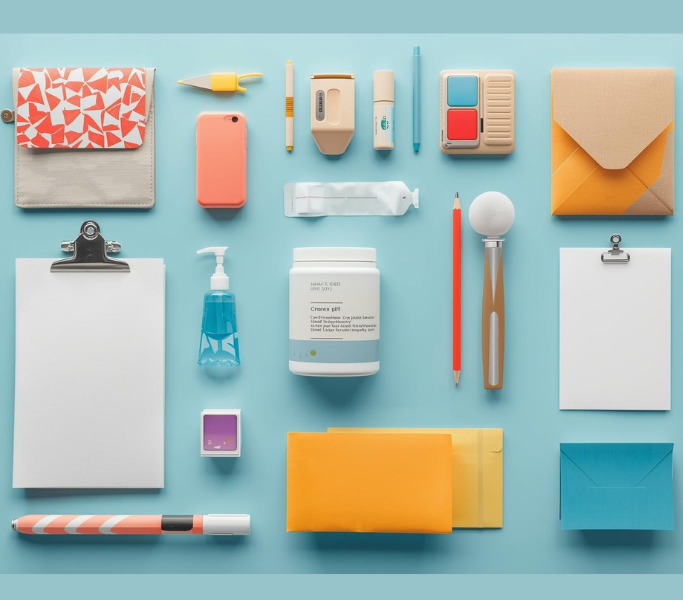 Contemporary office supplies such as stationery, organizers, and essential items set on a blue surface.