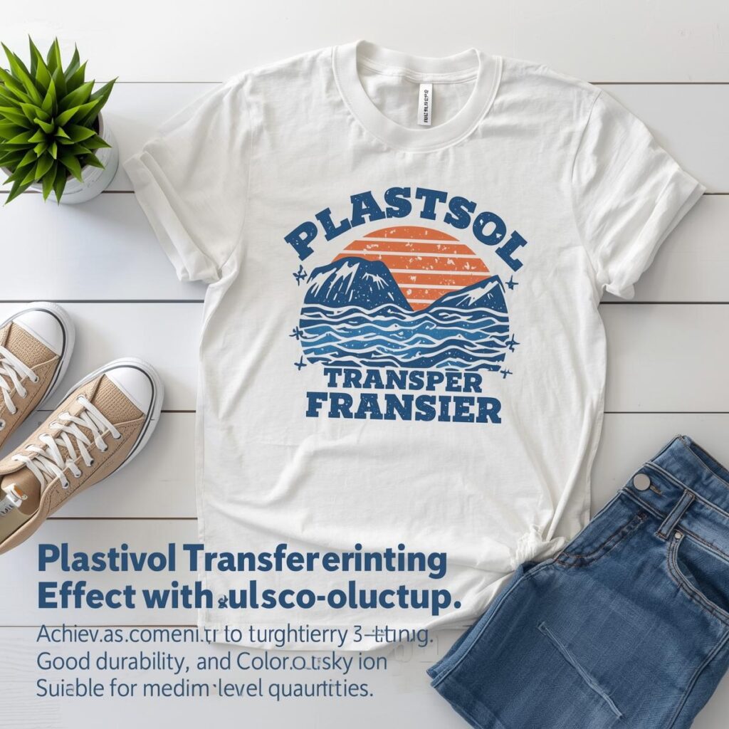 Plastisol Transfer Printing__Gives a screen-print effect without screen setup. Good durability and color accuracy for medium-level quantities.