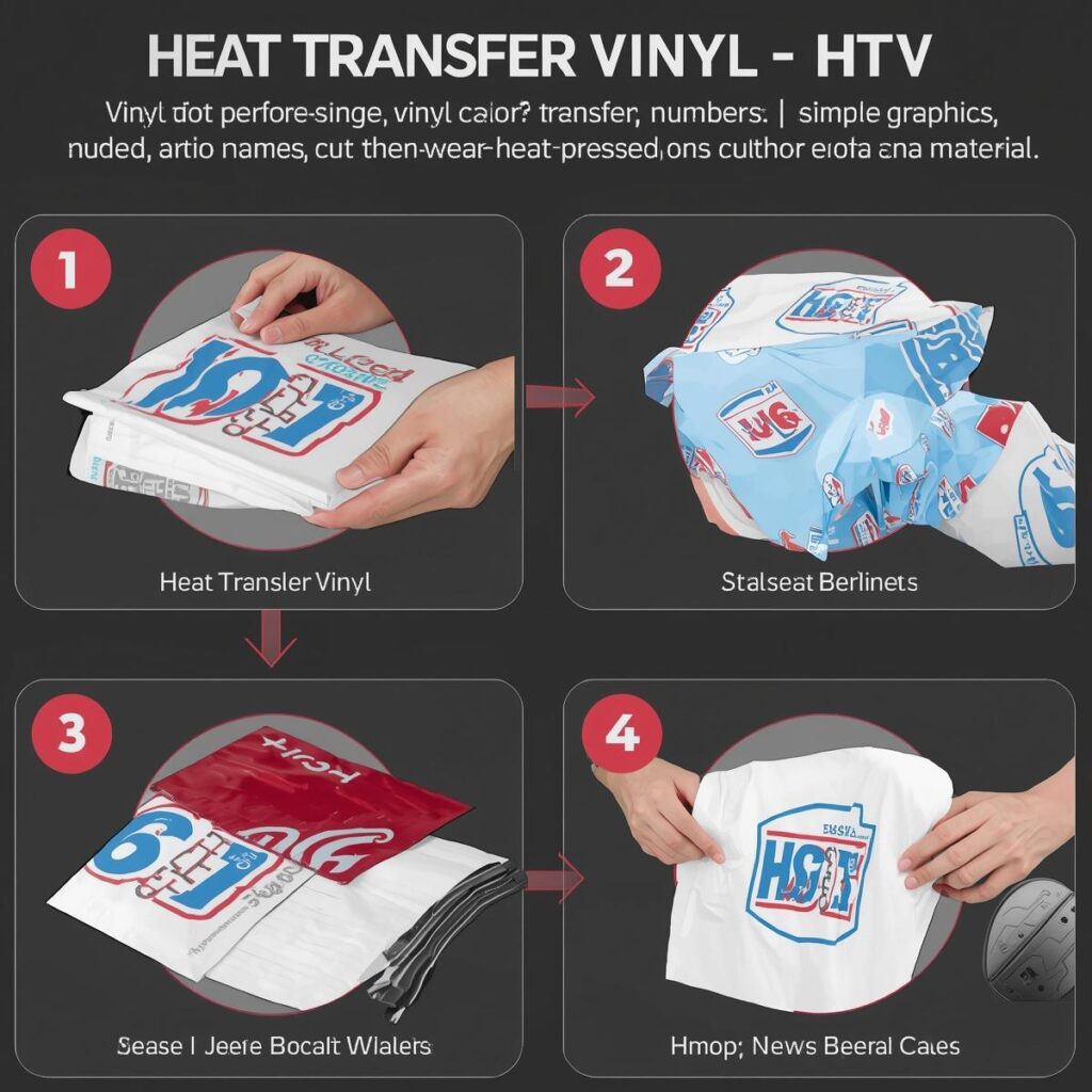 Vinyl Printing (Heat Transfer Vinyl – HTV)__Used for single-color names, numbers and simple graphics. Vinyl sheets are cut and heat-pressed for a smooth finish.